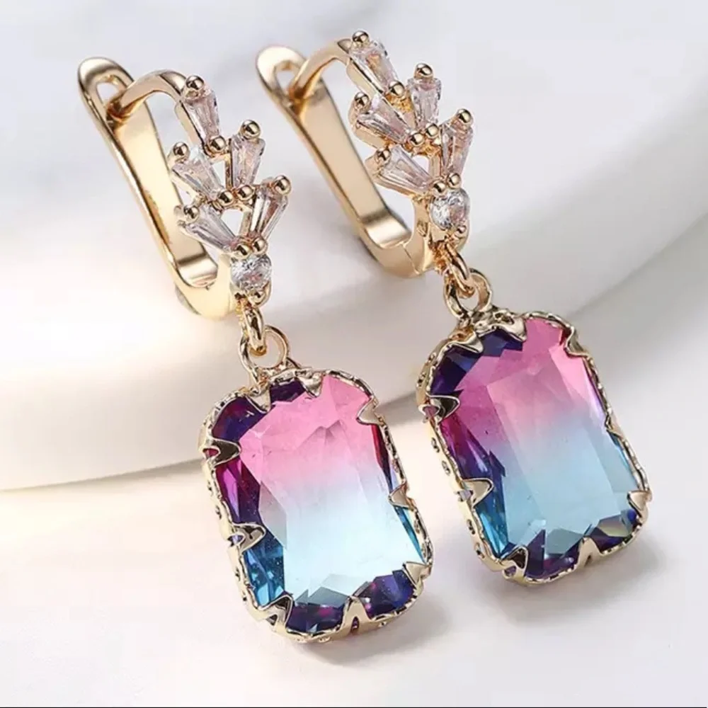 NEW 14k Multicolored Trendy Square Drop Earrings - Picture 1 of 4